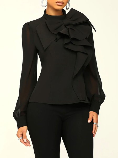 

Plain Elegant Stand Collar Bow Blouse, Black, Blouses and Shirts