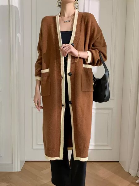 

Plain Long Sleeve Casual Loose Sweater Coat, Brown, Cardigans