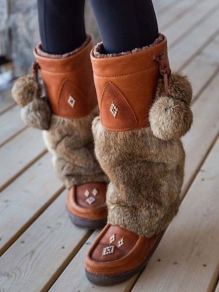 

Comfort Soft Sole Fur Ball Panel Boots Plush Snow Boots Footwear, Brown, Boots