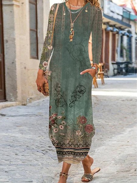 

Boho Crew Neck Ethnic Dress, Multicolor, Dresses