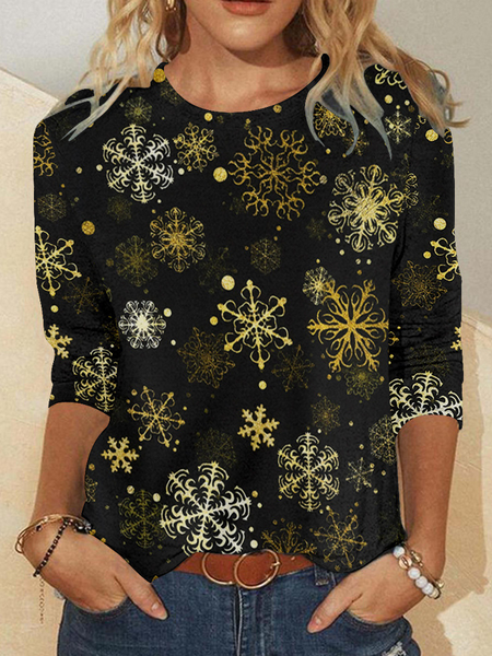 

Women Christmas Snowflake Basics Long sleeve Tops, Black, Long sleeves