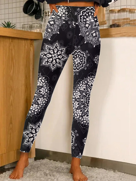 

Women Geometric Floral Print Abstract Regular Fit Leggings, Black, Leggings