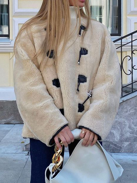 

Crew Neck Loose Teddy Crew Neck Long sleeve Jacket, Apricot, Others