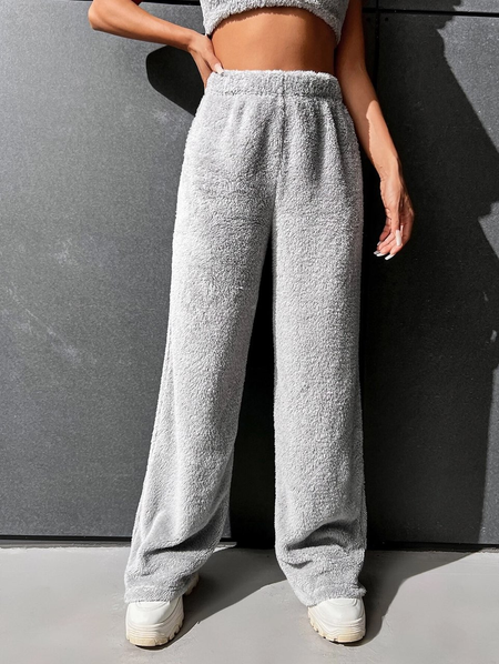 

Fluff/Granular Fleece Fabric Plain Regular Fit Casual Pants, Gray, Pants