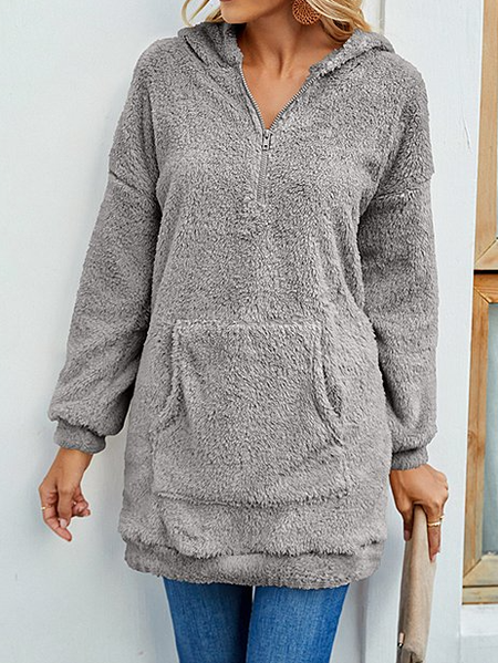 

Casual Fluff/Granular Fleece Fabric Plain Hoodie Dresses, Gray, Dresses
