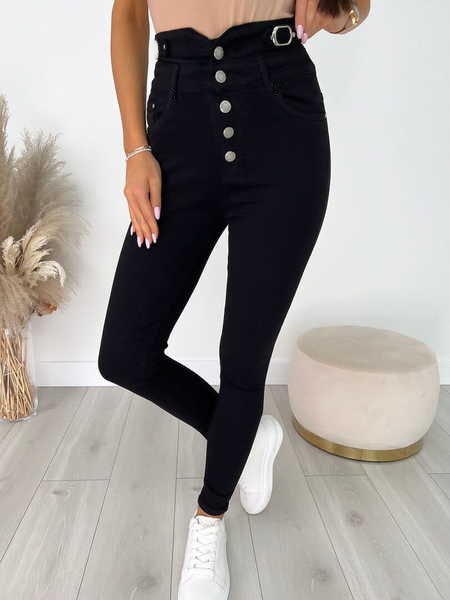 

Urban Plain Button Elastic Waist Leggings, Black, Leggings