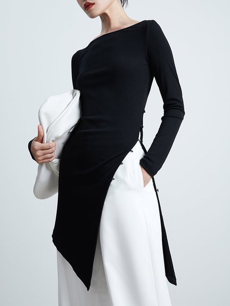 

Simple Boat Neck Plain Mid-long T-Shirt, Black, Tees