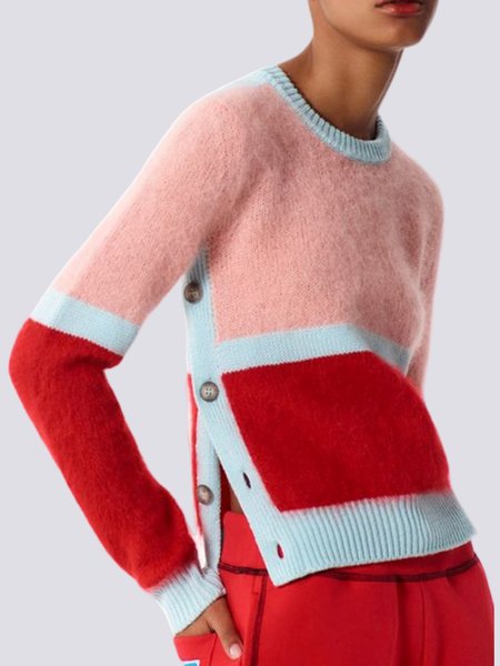 

Color Block Regular Fit Simple Long Sleeve Sweater, As picture, Sweaters