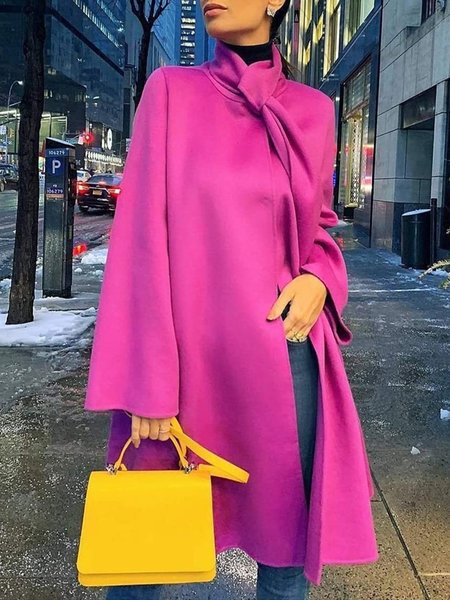 

Long sleeve Loose Plain Elegant Overcoat, Dark pink, Coats