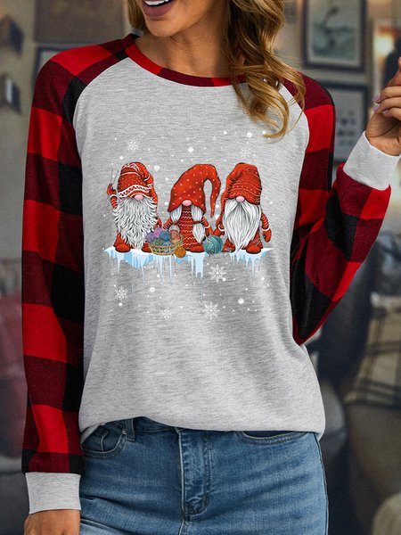 

Women Funny Christmas Gnome Plaid Simple Long sleeve Top, White, Long sleeves