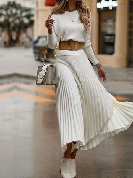

High Elasticity Regular Fit Elegant Crew Neck Long sleeve Sweater, Off white, Pullovers