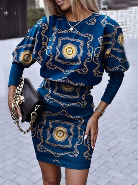 

Elegant Crew Neck Chain Printed Dress, Deep blue, Mini Dresses