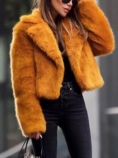 

Loose Lapel Collar Urban Plain Teddy Coat, Orange, Others