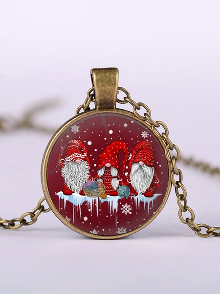

Christmas Vintage Red Elf Pattern Time Stone Necklace Holiday Party Favor, Gunmetal, Necklaces