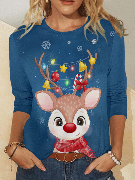 

Women Crew Neck Christmas Regular Fit Tops, Blue, Long sleeves