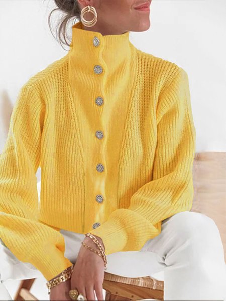 

Daily Plain Regular Fit Stand Collar Sweater Coat, Yellow, Cardigans