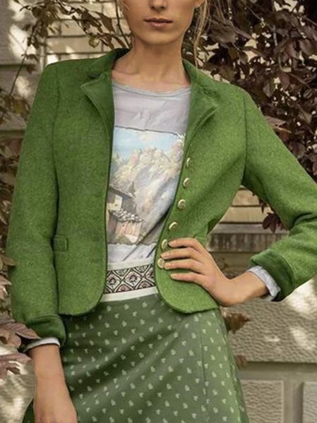 

Green Long Sleeve Cotton-Blend Buttoned Jacket, Coats