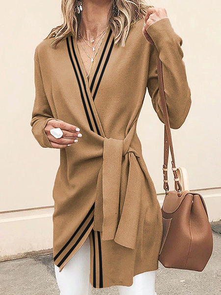 

High Elasticity Urban Loose Color Block V neck Long sleeve Sweater, Khaki, Pullovers