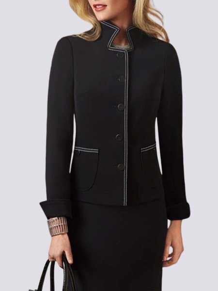 

Elegant SolidColor Block Pockets Jacket, Black, Outerwear