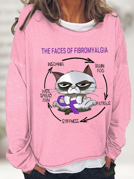 

Women's The Faces Of Fibromyagia The Grumpy Cat Funny Text Letters Crew Neck Sweatshirt, Pink, Hoodies&Sweatshirts