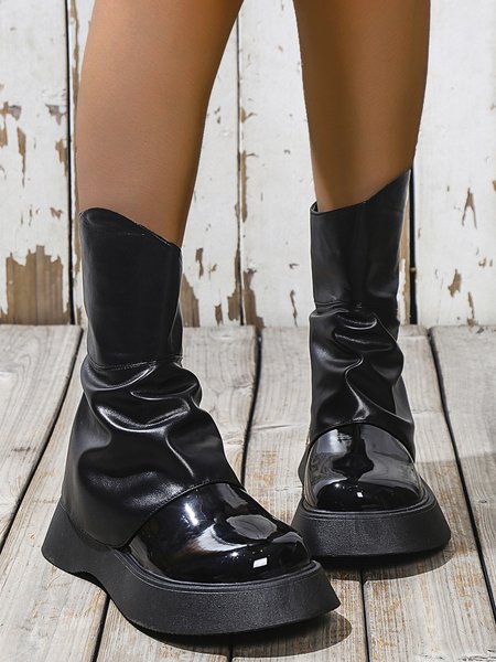 

Round Toe Muffin Platform Mid Tube Horseshoe Boots Footwear, Black, Boots