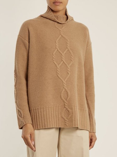 

Daily Long sleeve Simple Turtleneck Plain Sweater, Khaki, Pullovers