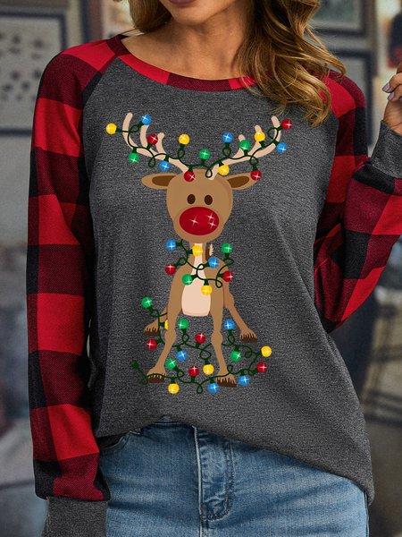 

Womens Crew Neck Christmas Long Sleeve Top, Gray, Long sleeves