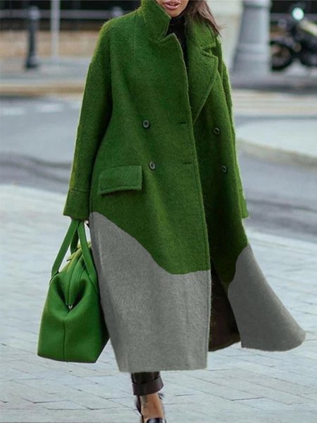 

Simple Long Sleeve Loose Lapel Collar Color Block Overcoat, Green, Coats
