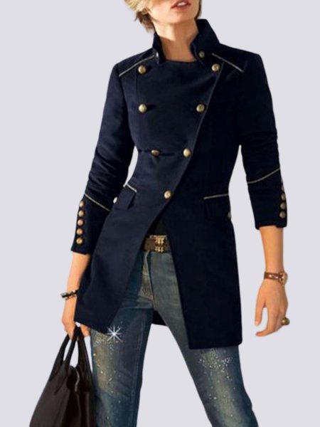 

Plain Stand Collar Vintage Jacket, Dark blue, Outerwear