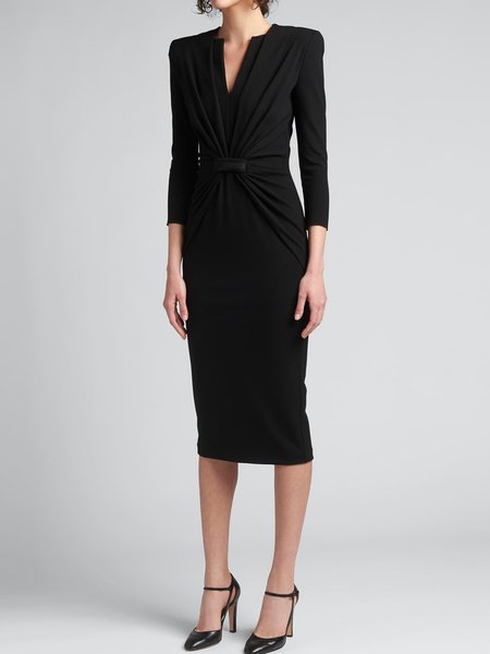 

Three Quarter Sleeve Plain Tight V Neck Midi Dress, Black, Midi Dresses