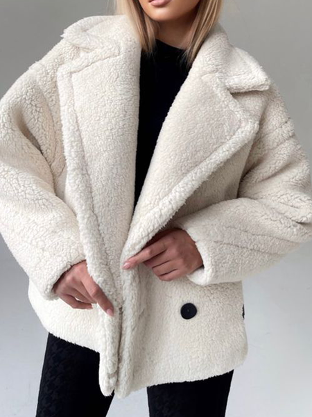 

Loose Lapel Collar Long sleeve Urban Teddy Jacket, Off white, Others