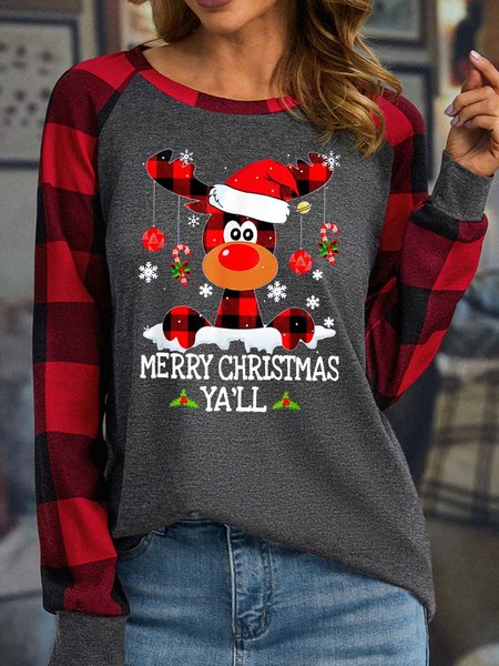 

Women's Merry Christmas Ya’ll Moose Hat Polyester Cotton Casual Long Sleeve Top, Deep gray, Long sleeves