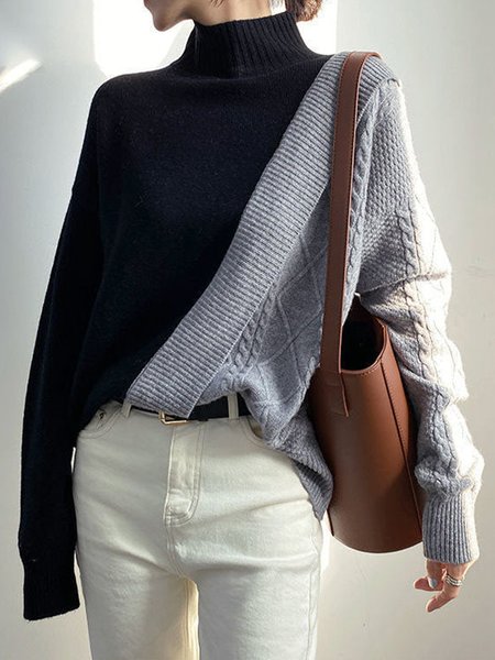 

Color Block Turtleneck Long sleeve Sweater, Black-grey, Pullovers