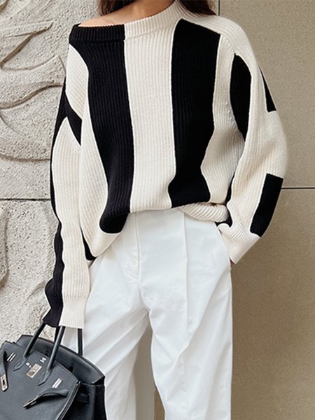 

Simple Striped Long Sleeve Sweater, Black-white, Pullovers