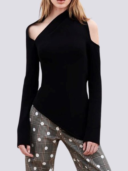 

Regular fit Asymmetrical Neck Elegant Sweater, Black, Sweaters