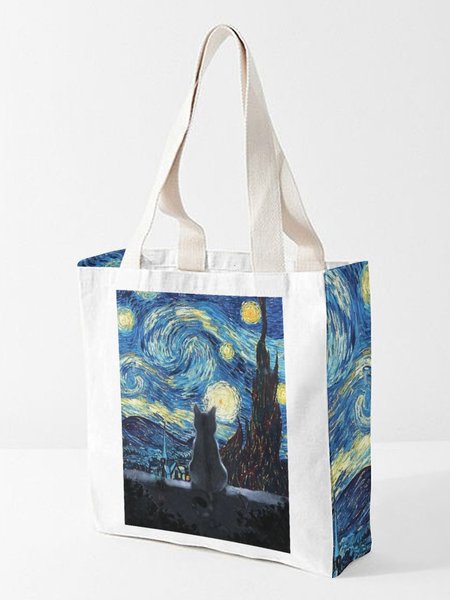 

Lonely Little Black Cat Print Shopping Bag Under The Stars, As picture, Bags