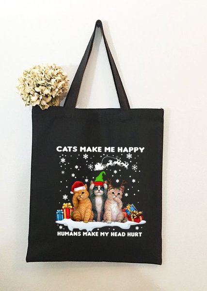 

Cats Make Me Happy Humans Make Me Head Hurt Christmas Graphic Shopping Tote, Black, Bags
