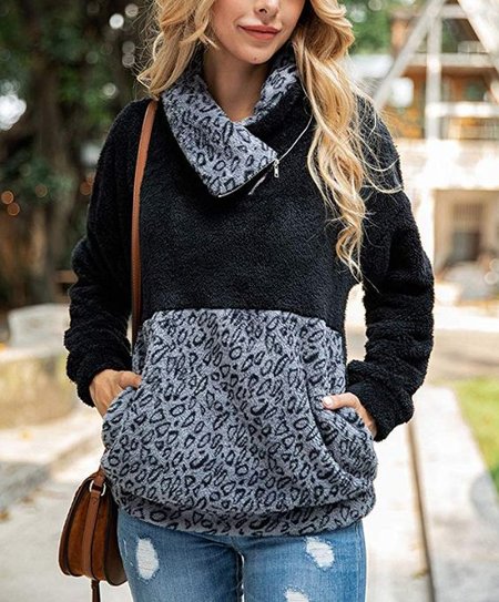 

Fleece Casual Leopard Print Panel Loose Sweatshirt, Black, Sweatshirts & Hoodies