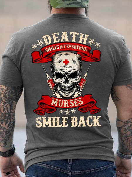 

Men Nurse Death Smiles At Everyone Murses Smile Back Cotton Text Letters Loose T-Shirt, Gray, T-shirts