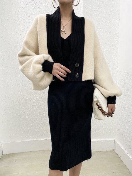 

Daily Long sleeve Color Block Lantern Sleeve Sweater Coat, Off white, Cardigans