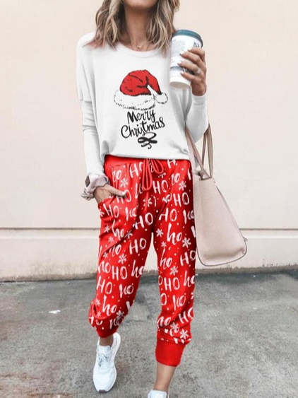 

Christmas Jersey Crew Neck Loose Two Piece Sets, Red, Suit Set