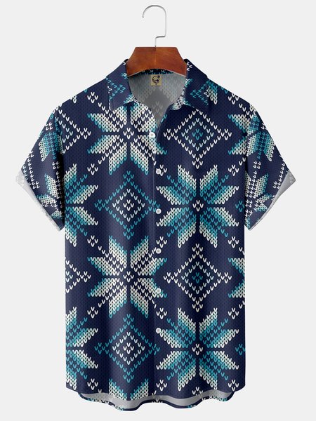 

Christmas Fair Isle Chest Pocket Short Sleeve Casual Shirt, Blue, Men Shirts