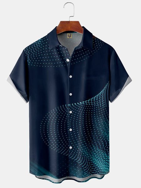 

3D Line Art Chest Pocket Short Sleeve Shirt, Blue, Men Shirts
