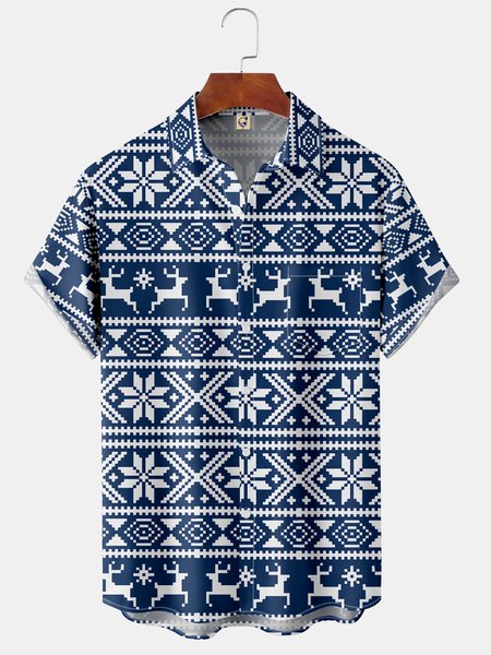 

Christmas Fair Isle Pattern Chest Pocket Short Sleeve Casual Shirt, Blue, Men Shirts