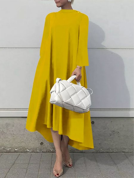 

Plain Long sleeve Stand Collar Simple Regular Fit Dress, Yellow, Midi Dresses