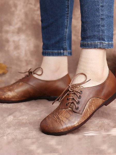 

Brown Vintage Panel Distressed Lace-Up Flats, Flats