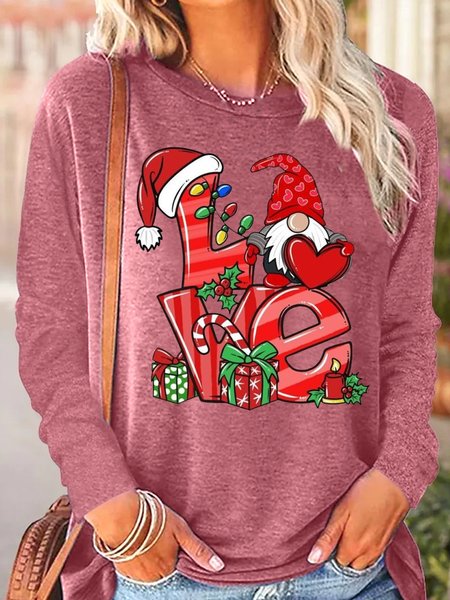Christmas Gnomes Love Casual Letters Top, Pink, Long sleeves