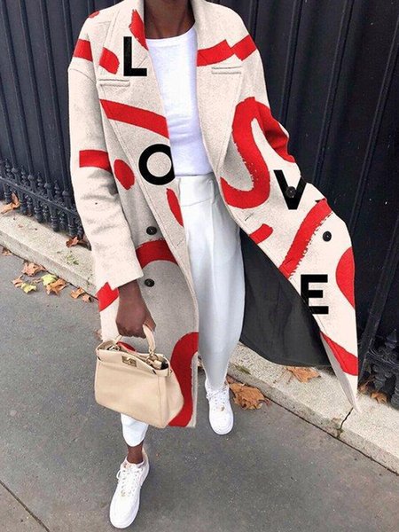 

Lapel Collar Urban Text Letters Long Sleeve Overcoat, Multicolor, Coats