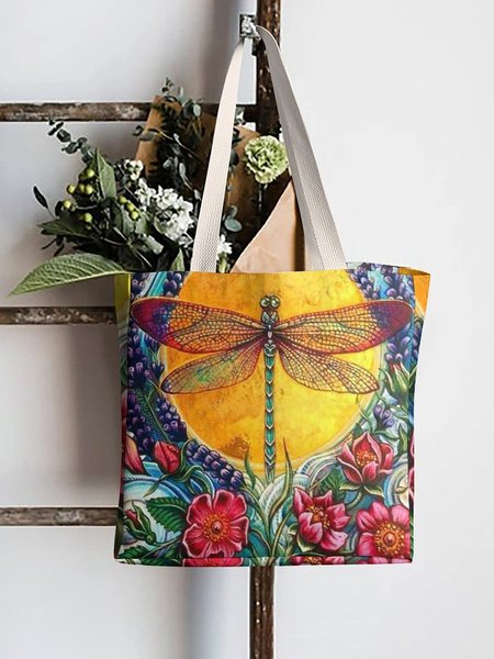 

Dragonfly Large Floral Vintage Print Shopping Bag, As picture, Bags