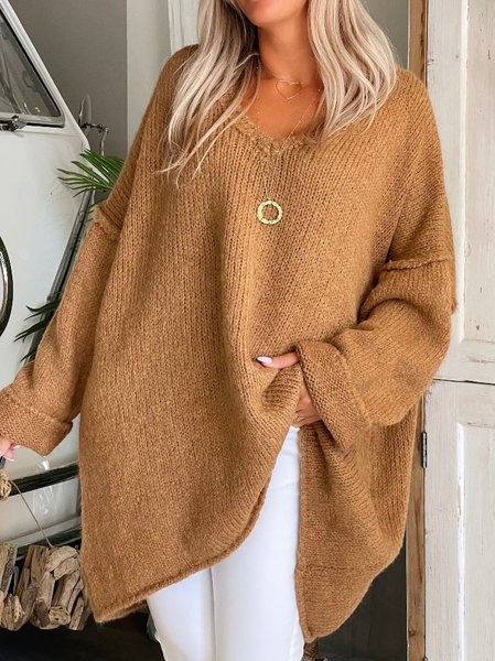 

Casual V Neck Loose Plain Sweater, Coffee, Sweaters